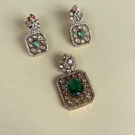 Handmade Emerald Green Pendant Set with Stud Earrings